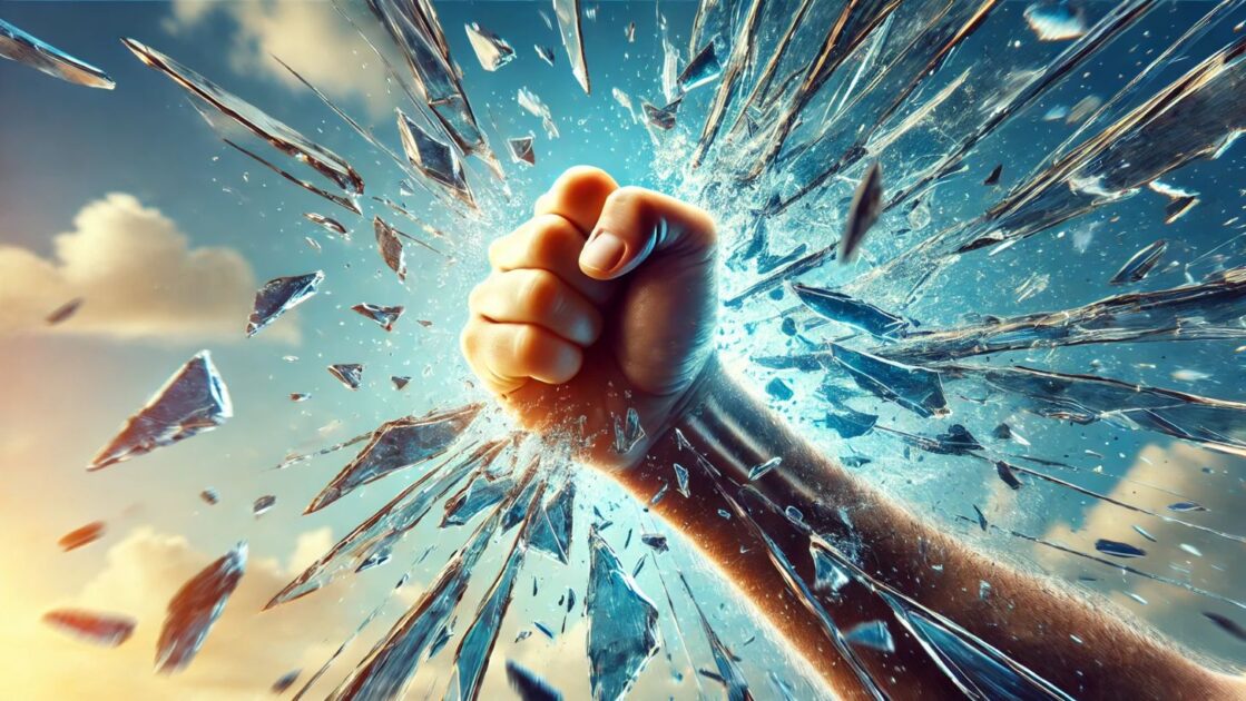 A powerful fist breaking through glass, symbolizing overcoming obstacles and shattering limiting beliefs.